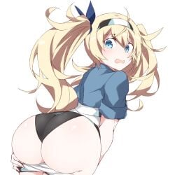 ass black_panties blonde_hair blue_eyes blue_shirt clothes_pull cowboy_shot eyebrows_visible_through_hair female gambier_bay_(kantai_collection) hair_between_eyes kantai_collection long_hair open_mouth panties shigino_sohuzi shirt short_sleeves shorts shorts_pull simple_background solo twintails underwear white_background white_shorts