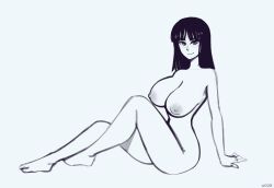 1girls black_and_white black_hair female female_only huge_breasts looking_at_viewer medium_hair naked nico_robin nude nude_female one_piece sketch u028 voluptuous