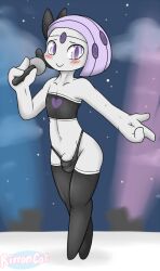 blush blush_lines bulge clothing concert crop_top fan_character femboy fingers footwear genitals girly humanoid idol knee_highs knee_socks legendary_pokémon legwear looking_at_viewer male male/male meloetta microphone nintendo penis pokémon_(species) pokemon rivvoncat shirt singer socks solo thong topwear underwear video_games