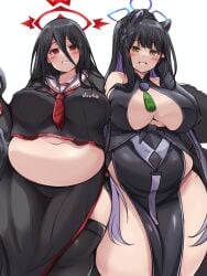 2022 2girls bbw belly belly_overhang big_belly big_breasts black_hair blue_archive breasts chubby chubby_female clothed clothing duo duo_focus female female_only green_eyes hasumi_(blue_archive) hips huge_breasts justice_task_force_(blue_archive) kurocaze large_breasts long_hair looking_at_viewer plum_blossom_garden_(blue_archive) red_eyes shanhaijing_secondary_school_student shun_(blue_archive) thick_thighs thighhighs thighs trinity_general_school_student wide_hips