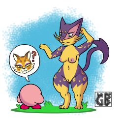 clawroline confusion fur furry hi_res kirby kirby_(series) kirby_and_the_forgotten_land liepard nintendo pink_body pink_fur pokémon_(species) pokemon purple_body purple_fur scratching_head speech_bubble terryeternity video_games yellow_body yellow_fur