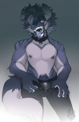 bodily_fluids bulge clothing drooling fur furry furry_only hyaenid male male_only mammal open_mouth penis rmada saliva solo sybillotus tail undressing xx_g.u.n_xx