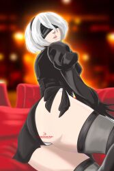 ass black_blindfold black_hairband blindfold debasaki female female_only hair_ornament hairband light-skinned_female light_skin looking_at_viewer nier nier:_automata short_hair thighhighs thighs voluptuous white_hair yorha_2b