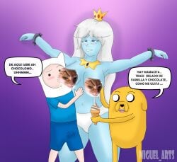 adventure_time big_ass big_breasts blue_nipples breast_squeeze censored female_focus finn_the_human ice_cream ice_queen ice_queen_(adventure_time) jake_the_dog lactating lactating_ice_cream lactation meme nude_female queen shocked_face unusual_lactation white_hair