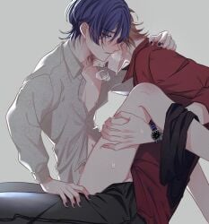 2boys bottomless childe_(genshin_impact) genshin_impact hidden_face male_chest male_only orange_hair painted_nails purple_hair scaramouche_(genshin_impact) sweat tartaglia_(genshin_impact) yaoi yurasutori_(artist)