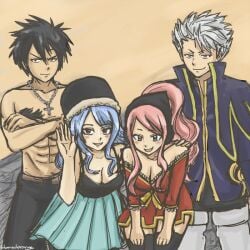 2boys 2girls bending_forward blamedorange cleavage fairy_tail foursome gray_fullbuster juvia_lockser lyon_vastia meredy_(fairy_tail) polyamory tagme