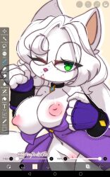 anthro big_breasts breasts ch4ng3 collar domestic_cat felid feline felis female fur genitals hi_res mammal one_eye_closed pussy solo white_body white_fur wink