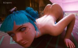 1girls aloprox ass blue_hair blue_moon_(cyberpunk_2077) cgi cyberpunk_2077 female female_only solo