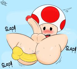 2boys anal anal_sex anus ass balls big_ass big_butt big_penis black_eyes blue_background blush butt cum cum_inside disembodied_penis foreskin idc. light-skinned_female light_skin male male_only mario_(series) motion_lines multiple_boys mushroom mushroom_humanoid nintendo no_nose open_mouth penis simple_background sweat testicles text thick thick_ass thick_hips thick_thighs toad_(mario) wide_hips yellow_penis