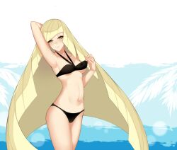 1girls alternate_version_available arm_up armpits bikini bikini_bottom bikini_top black_bikini blonde_hair breasts dean female female_only game_freak green_eyes hand_up long_hair lusamine_(pokemon) mature mature_female medium_breasts milf mother pokemon pokemon_sm solo solo_female thighs