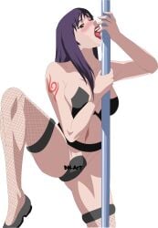 almost_naked anbu arm_tattoo barely_clothed blush bm-art fishnet_legwear fishnet_stockings fishnets heels holding_object horny horny_female knee_up kneeling legwear licking_object licking_pole long_hair mostly_nude naruto naruto_(series) naruto_shippuden pole purple_eyes purple_hair spread_legs stripper stripper_pole suggestive tattoo uzuki_yuugao