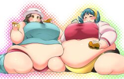 2019 2girls alternate_breast_size bbw belly big_belly big_breasts breasts chubby chubby_female curvaceous curvy duo duo_focus female female_focus female_only green_(pokemon) hips huge_belly huge_breasts kris_(pokemon) kurocaze large_belly large_breasts leaf_(pokemon) obese obese_female overweight overweight_female pokemon pokemon_gsc pokemon_rgby ssbbw tummy voluptuous