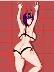 1girls big_ass demon_girl demon_horns fate_(series) large_breasts muscular_female oni oni_horns pose purple_eyes purple_hair shuten shuten_douji_(fate)