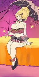 alternate_hairstyle annon big_bun bimbo bimbofication blonde_hair choker cleavage eyeshadow halloween halloween_costume high_heels huge_breasts human human_only lipstick looking_at_viewer mahou_shoujo_madoka_magica makeup mami_tomoe puella_magi_madoka_magica smile thick tomoe_mami umbrella