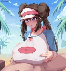 1boy :o alternate_breast_size artist_name bar_censor beach beach_umbrella blue_eyes blue_sky blush breasts brown_hair censored cloud day double_bun eyebrows_visible_through_hat female highres huge_breasts large_penis long_hair looking_at_penis looking_down open_mouth outdoors paizuri paizuri_on_lap paizuri_under_clothes palm_tree penis poke_ball_print pokemon pokemon_(game) pokemon_bw2 print_shirt raglan_sleeves rosa_(pokemon) see-through shirt sky soveno straight tree twintails umbrella visor_cap