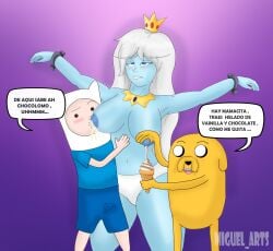 adventure_time big_ass big_breasts blue_nipples breast_squeeze female_focus finn_the_human ice_cream ice_queen ice_queen_(adventure_time) jake_the_dog lactating lactating_ice_cream lactation nude_female queen shocked_face unusual_lactation white_hair