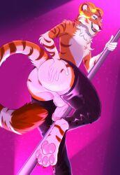 anthro anus ass balls chaps dancing felid genitals hi_res horn leather_chaps male male_only mammal mgangalion pantherine pawpads penis pink_light pink_pawpads pole pole_dancing presenting sleikybue solo solo_focus stripes thick_thighs tiger wide_hips