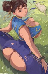 1girls 2022 arachnart artist_signature ass ass_focus ass_shot back back_view breasts brown_eyes brown_hair brown_hair_female bubble_ass bubble_butt capcom cat chun-li female female_only hips huge_ass huge_breasts outdoors short_hair slim_waist spiked_bracelet splits street_fighter street_fighter_alpha thick_thighs thighs thunder_thighs tight_clothing torn_clothes torn_clothing wide_hips