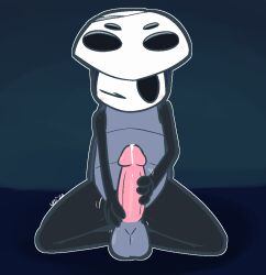 2022 anthro arthropod balls big_balls big_penis black_body black_exoskeleton black_eyes blush erection exoskeleton front_view genitals glans grey_background grey_balls grey_body grey_exoskeleton hollow_eyes hollow_knight humanoid_genitalia humanoid_penis kneeling male male_only mask masturbation no_pupils nude one_eye_closed penile penile_masturbation penis pink_glans pink_penis quirrel simple_background solo team_cherry ultilix video_games white_body white_exoskeleton