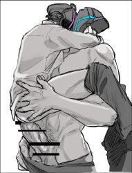 2boys anal anal_sex bar_censor big_penis bondrewd carrying_partner embrace erection gay gueira hand_on_ass helmet made_in_abyss male male_only male_pubic_hair mask masked masked_male monochrome muscular muscular_male pants_down partially_clothed penis takenoko_(pixiv) topless topless_male veiny_penis yaoi