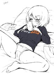 big_breasts blush clothed_breasts focused gao-lukchup gaolukchup hoodie implied_masturbation inframammary_clothing_crease laying_on_back legs_apart no_color no_pants panties phone pornhub shoulder_length_hair sketch spread_legs spreading tissue tissue_box uncolored watching_porn