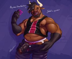 2022 4_fingers anthro bara bara_tiddies bara_tits barazoku beard belly biceps big_muscles biped black_beard black_body black_clothing black_glans black_hair black_hands black_penis blue_bottomwear blue_clothing blue_pants bottomwear bovid bovine brown_body brown_eyes brown_nipples brown_nose cattle clothed clothing clothing_aside condom dialogue digital_drawing_(artwork) digital_media_(artwork) english_text eyewear facial_hair fingers flaccid foreskin genitals glans glasses hair hi_res horn humanoid_genitalia humanoid_penis inviting jockstrap khahen khayen khayen_(character) long_foreskin looking_at_viewer loose_foreskin male male_only mammal musclegut muscular muscular_anthro muscular_male nipples open_bottomwear open_clothing open_pants outside pants pecs penis pink_clothing pink_jockstrap pink_underwear poking_out sexual_barrier_device signature simple_background sleeveless_shirt solo teeth teeth_showing text topwear triceps tuft underwear underwear_aside vein veiny_penis