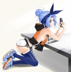 blue_hair chaesu football looking_at_viewer looking_back minah no_bra no_panties no_underwear original sneakers tsundere twitter