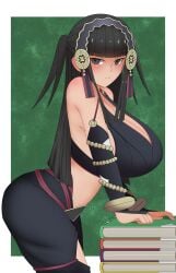 1girls alternate_breast_size armpits bangs bare_midriff big_breasts black_eyes black_hair book book_stack breasts cleavage female female_only fire_emblem fire_emblem_fates huge_breasts large_breasts long_hair looking_at_viewer midriff nintendo pibu rhajat_(fire_emblem) solo wide_hips