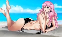 1girls barefoot bikini bikini_top_undone biting_finger curvy feet feet_up female female_only legs_up long_hair on_stomach one_piece perona pink_hair sea shinjinou solo the_pose water wink