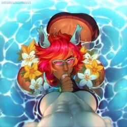 2boys abs animal_ears aphelios blowjob durani fellatio gay league_of_legends lei looking_at_viewer male_focus male_only male_pov multicolored_hair oral pale-skinned_male pale_skin partially_submerged pecs pink-tinted_eyewear pool_party_series pool_party_sett red_hair sett sunglasses swimwear tan_skin tinted_eyewear uncensored water yaoi