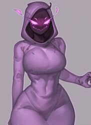 1girls big_breasts black_skin breasts clothed clothing coat eyes female female_focus female_only fully_clothed grey_background hands head hood kelvin_hiu mouth multi_eye neck original original_character palms pupilless_eyes shoulders simple_background slim_waist smile solo solo_female thick_thighs thighs violet_(kelvin_hiu) waist