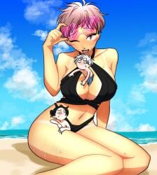 1girls 2boys beach between_breasts between_legs between_thighs big_breasts bikini eyewear_removed genderswap_(mtf) heart_sunglasses itadori_yuuji jujutsu_kaisen looking_at_viewer pink_hair rule_63 satoru_gojo suguru_geto sunglasses sunglasses_removed very_short_hair