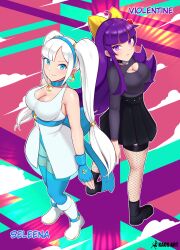 2girls blue_eyes breasts fishnets kaos_art light-skinned_female light_skin long_hair looking_at_viewer original original_character original_characters purple_eyes purple_hair seleena_(kaos_art) smiling_at_viewer twintails violentine_(sarukaiwolf) white_hair yellow_ribbon