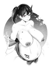 abortion_mark barcode barcode_tattoo big_breasts blush female female_only hentai_rat hi_res horn huge_belly huge_breasts kaga_(kantai_collection) kantai_collection lactation lactation_without_expressing looking_at_viewer monochrome open_clothes ponytail pregnancy_mark pregnancy_tally pregnant ready_to_pop sagging_breasts side_ponytail sweat tattoo undressing