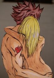 after_sex anastasia1312 embrace facing_away_from_viewer fairy_tail hand_on_ass lucy_heartfilia natsu_dragneel romantic romantic_couple scan_artifacts tattoo_on_arm