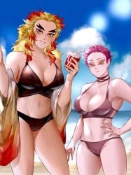 2girls akaza_(kimetsu_no_yaiba) alternate_costume beach big_breasts bikini black_bikini blonde_hair cleavage demon_slayer female female_only genderswap_(mtf) hand_on_hip kimetsu_no_yaiba looking_at_viewer pink_hair rengoku_kyoujurou rule_63 short_hair smile swimsuit thick_eyebrows thick_thighs two_tone_hair very_short_hair yellow_eyes