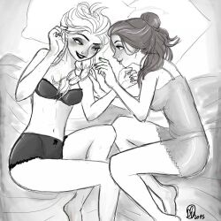 2015 2girls beauty_and_the_beast bed bed_sheet belle bra crossover dated disney disney_princess elsa_(frozen) female female/female female_focus female_only frozen_(film) greyscale in_bed lesbian monochrome negligee panties pillow rough_sketch see-through viennaorlando visible_nipples yuri