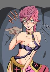 1girls angry bra bra_pull bra_slip breast_slip breasts breasts_out embarrassed female female_focus female_only green_eyes groin jojo's_bizarre_adventure midriff navel nipple_slip nipples pink_hair pointing skirt solo solo_female solo_focus stomach trish_una vento_aureo wardrobe_malfunction