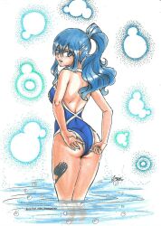 adjusting_swimsuit anastasia1312 blue_hair facing_away_from_viewer fairy_tail juvia_lockser one-piece_swimsuit ponytail standing_in_water tattoo_on_thigh