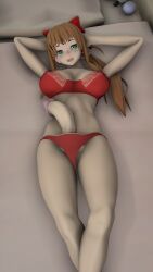 1futa 3d bed clothed clothing doki_doki_literature_club futa_only futanari hands_behind_head human hyper light-skinned_futanari monika_(doki_doki_literature_club) mostly_nude penis quadraticsfm red_underwear solo underwear