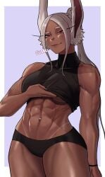 1girls big_breasts bracelet breast breasts bunny_ears bunny_girl bunny_tail dark-skinned_female dark_skin female fully_clothed gud0c leggings miruko mismatched_tanlines muscles muscular_female my_hero_academia navel navel_piercing red_eyes rumi_usagiyama smile smiling smiling_at_viewer smirk smirking solo sportswear tanline thong underboob vascular white_hair workout_clothes