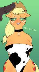 animal_genitalia animal_penis animal_print anthro anthrofied applejack_(mlp) big_breasts blonde_hair blush breasts clothing collar cow_print cowbell cutie_mark disembodied_penis earth_pony equid equine equine_penis eyelashes female freckles friendship_is_magic genitals green_background hair hasbro hi_res horse hypnosis immunefox male mammal mind_control multicolored_eyes my_little_pony orange_body penis pony simple_background smooth_skin swimwear wide_hips yellow_tail