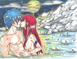 2017 anastasia1312 dated erza_scarlet fairy_tail hair_covering_breasts hot_spring jellal_fernandes kissing nude romantic standing_in_water tattoo_on_face tattooed_arm