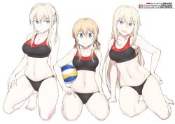 3girls anchor_hair_ornament aqua_eyes barefoot beach_volleyball bikini bismarck_(kantai_collection) black_bikini blonde_female blonde_hair blue_eyes country_connection graf_zeppelin_(kantai_collection) grey_eyes hair_between_eyes hair_ornament kantai_collection kneeling looking_at_viewer low_twintails multiple_girls open_mouth prinz_eugen_(kantai_collection) shigino_sohuzi sidelocks simple_background smile sports_bikini squatting swimsuit tsurime twintails volleyball white_background