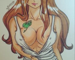 1girls anastasia1312 evergreen_(fairy_tail) fairy_tail female female_only green_hair pinup pulling_down_shirt solo tank_top tattoo_on_chest visible_nipples