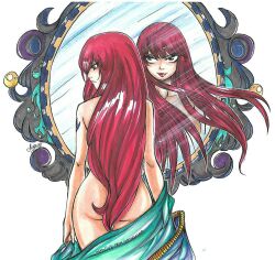 anastasia1312 erza_scarlet facing_away_from_viewer fairy_tail irene_belserion mirror mother_and_daughter nude_female red_hair seeing_another_in_mirror tattooed_arm