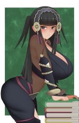 1girls alternate_breast_size bangs big_breasts black_eyes black_hair bodystocking book book_stack breasts cleavage female female_only fire_emblem fire_emblem_fates huge_breasts large_breasts long_hair looking_at_viewer nintendo pibu rhajat_(fire_emblem) solo wide_hips