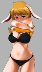 black_bra black_panties bra bunny_girl lifting_clothing lifting_shirt panties red_eyes ringo114514810 ringo_(touhou) touhou undressing zawapirori