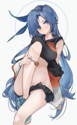 1girls black_clothing blue_eyes blue_hair chaesu female female_focus female_only half_naked knee_up long_hair looking_at_viewer minah no_bra no_panties no_underwear orange_clothing original original_character tsundere very_long_hair white_background white_clothing