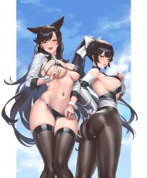 2girls absurd_res absurdres animal_ears ass atago_(azur_lane) atago_(stunning_speedster)_(azur_lane) azur_lane bangs bare_shoulders bikini bikini_pull black_bikini black_hair black_legwear bow breasts brown_eyes cleavage clothes_pull covered_nipples cuboon dog_ears elbow_gloves eyebrows_visible_through_hair floating_hair from_behind gloves hair_flaps hair_ribbon hairbow hi_res highres large_breasts leotard leotard_pull long_hair looking_at_viewer mole mole_under_eye multiple_girls navel official_alternate_costume open_mouth pantyhose ponytail pulled_by_self ribbon shirt signature smile standing swept_bangs swimsuit takao_(azur_lane) takao_(full_throttle_charmer)_(azur_lane) thighhighs very_long_hair white_bow white_ribbon wrist_cuffs